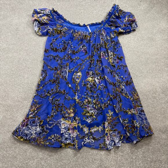 Free People Beautiful Blooms Mini Dress Sz Med Royal Blue Velvet Burnout Floral - Picture 8 of 16